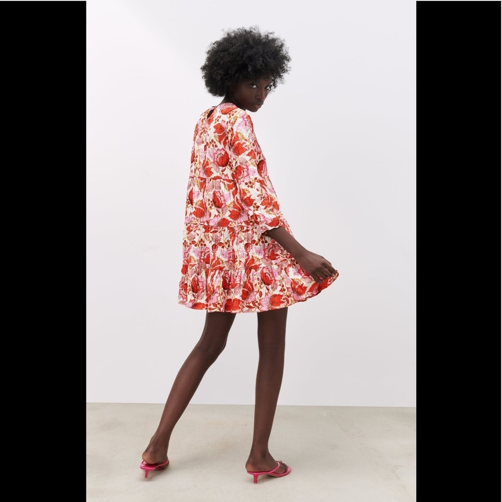 New Zara Mini Floral Dress S Red Pink - Picture 7 of 15
